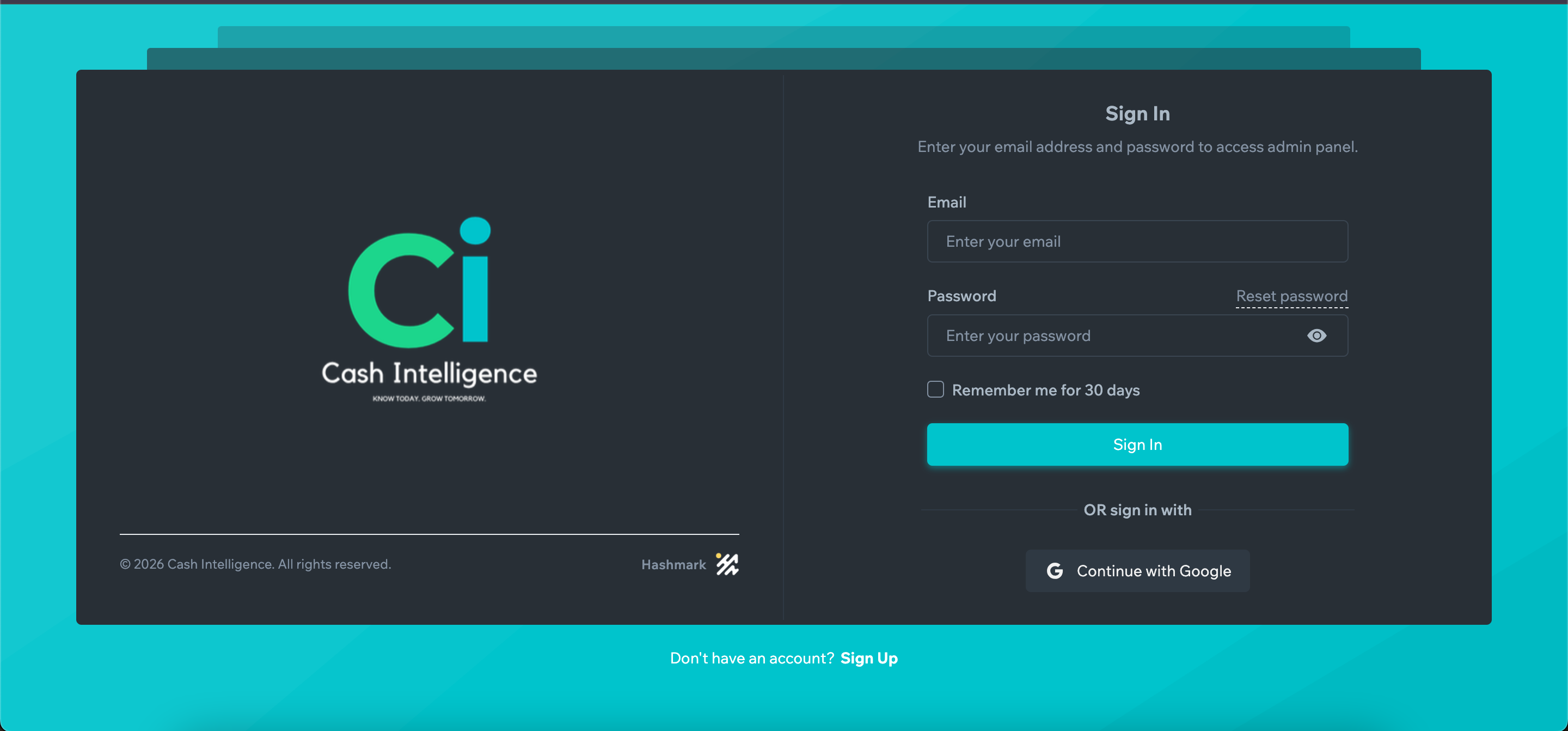 Cash Intelligence sign-in screen